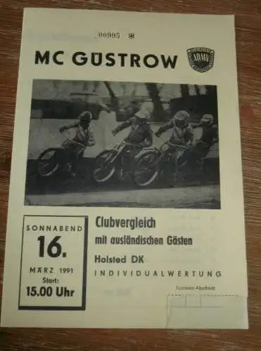 Speedway Güstrow 16.03.1991 , Holsted Dänemark , Programm , Rennprogramm !!!