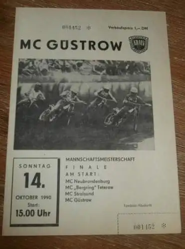 Speedway Güstrow 14.10.1990 , Finale DDR Mannnschaftsmeisterschaft , Programm , Rennprogramm !!!