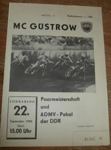 Speedway Güstrow 22.09.1990 , DDR Paarmeisterschaft , ADMV-Pokal , Programm , Rennprogramm !!!