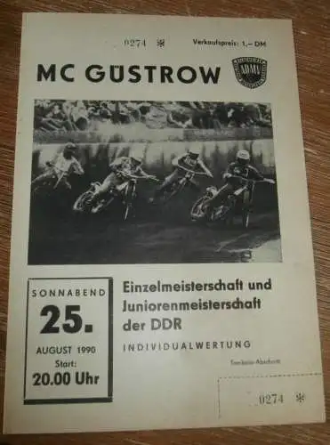 Speedway Güstrow 25.08.1990 , DDR Meisterschaft , Junioren , Programm , Rennprogramm !!!