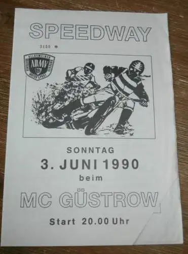 Speedway Güstrow 03.06.1990 , Pardubice , Prag , Gorzow , Programm , Rennprogramm !!!