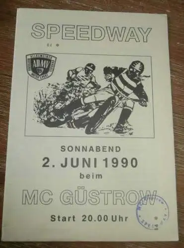 Speedway Güstrow 02.06.1990 , Pardubice , Prag , Gorzow , Programm , Rennprogramm !!!