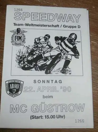 Speedway Güstrow 22.04.1990 , Weltmeisterschaft , Programm , Rennprogramm !!!