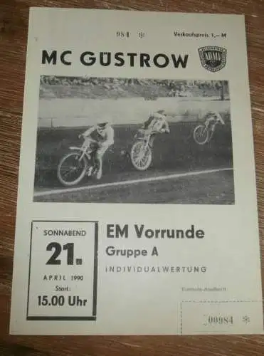 Speedway Güstrow 21.04.1990 , Europameisterschaft , Programm , Rennprogramm !!!