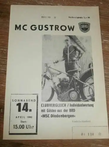 Speedway Güstrow 14.04.1990 , Diedenbergen , Programm , Rennprogramm !!!