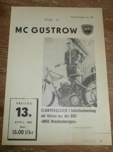 Speedway Güstrow 13.04.1990 , Diedenbergen , Programm , Rennprogramm !!!