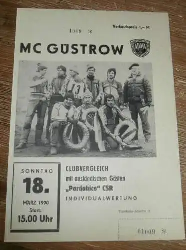 Speedway Güstrow 18.03.1990 , Pardubice , Programm , Rennprogramm !!!