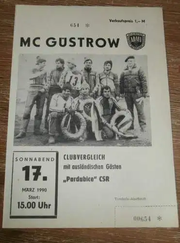 Speedway Güstrow 17.03.1990 , Pardubice , Programm , Rennprogramm !!!