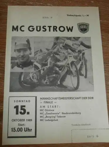 Speedway Güstrow 15.10.1989 , Finale DDR Mannschaftsmeisterschaft , Programm , Rennprogramm !!!