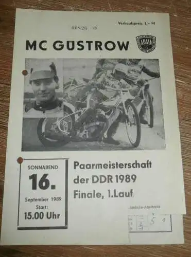 Speedway Güstrow 16.09.1989 , Finale DDR Meisterschaft , Programm , Rennprogramm !!!