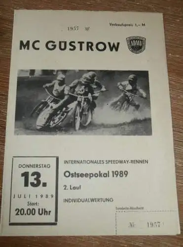 Speedway Güstrow 13.07.1989 , Ostseepokal , Programm , Rennprogramm !!!