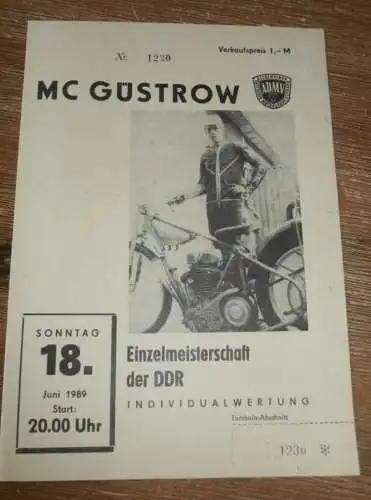 Speedway Güstrow 18.06.1989 , DDR Meisterschaft , Programm , Rennprogramm !!!