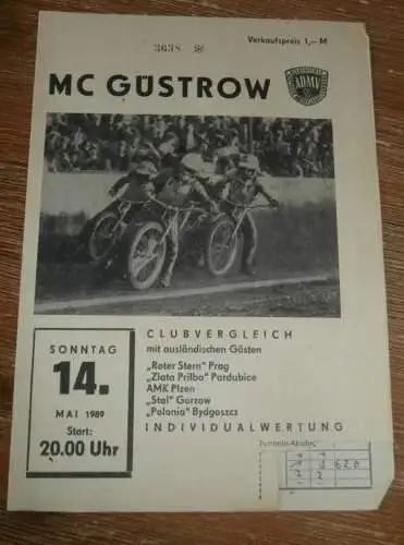 Speedway Güstrow 14.05.1989 , Prag , Pardubice , Plzen , Bydgoszcz , Gorzow ,, Programm , Rennprogramm !!!