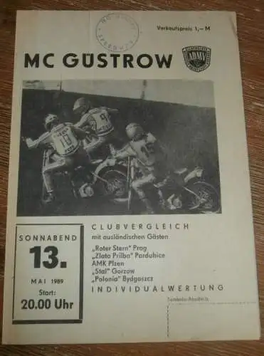 Speedway Güstrow 13.05.1989 , Prag , Pardubice , Plzen , Bydgoszcz , Gorzow ,, Programm , Rennprogramm !!!