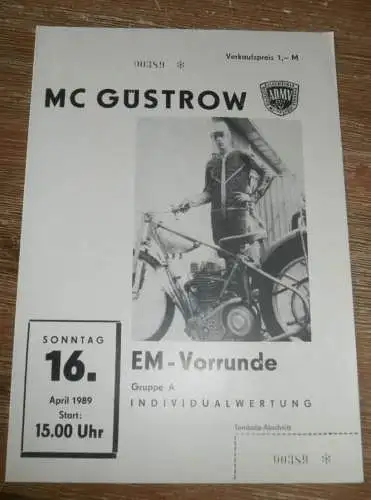 Speedway Güstrow 16.04.1989 , Europameisterschaft , EM , Programm , Rennprogramm !!!