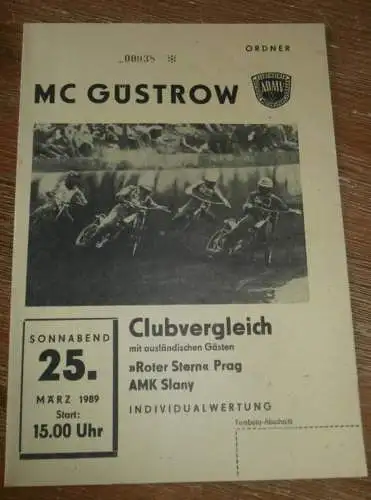 Speedway Güstrow 25.03.1989 , Prag , Slany , Programm , Rennprogramm !!!