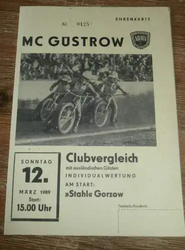 Speedway Güstrow 12.03.1989 , Gorzow , Programm , Rennprogramm !!!