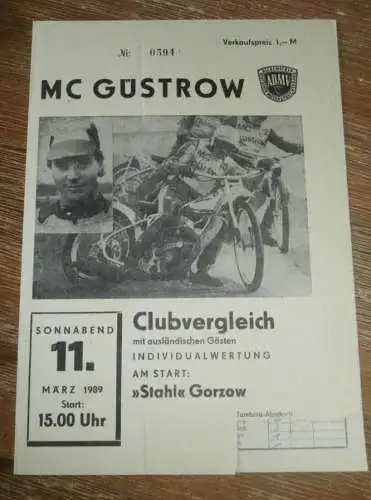 Speedway Güstrow 11.03.1989 , Gorzow , Programm , Rennprogramm !!!