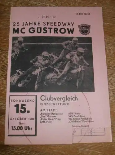 Speedway Güstrow 15.10.1988 , Bydgoszcz , Gorzow , Prag , Plzen , Programm , Rennprogramm !!!