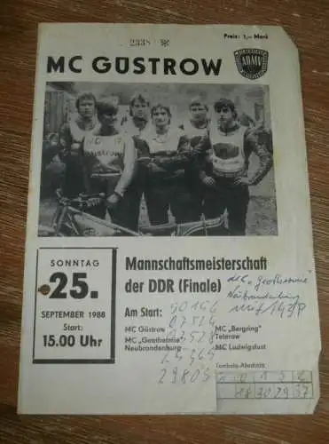 Speedway Güstrow 25.09.1988 , Finale DDR Meisterschaft , Programm , Rennprogramm !!!