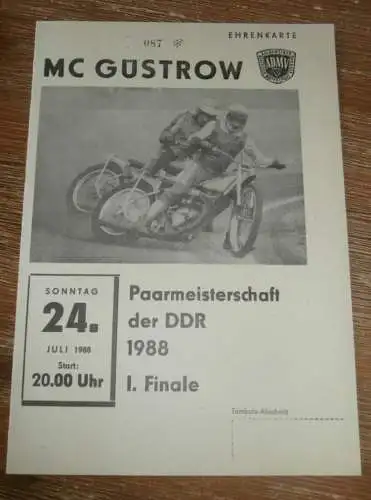 Speedway Güstrow 24.07.1988 , DDR Meisterschaft , Programm , Rennprogramm !!!