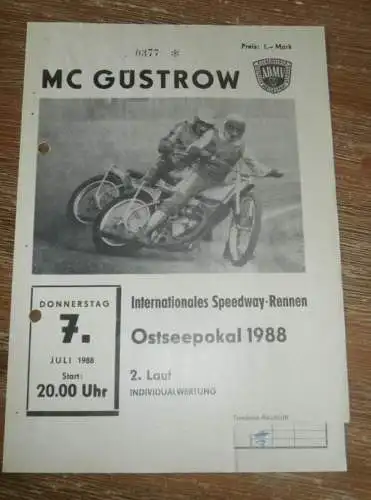 Speedway Güstrow 07.07.1988 , Ostseepokal , Programm , Rennprogramm !!!