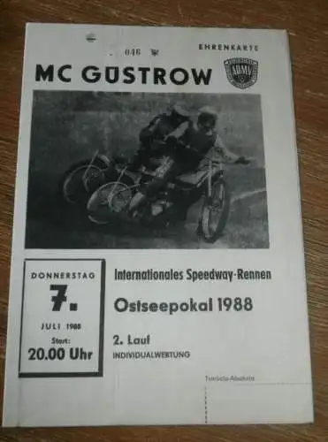 Speedway Güstrow 07.07.1988 , Ostseepokal , Programm , Rennprogramm !!!