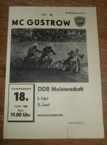 Speedway Güstrow 18.06.1988 , DDR Meisterschaft , Programm , Rennprogramm !!!