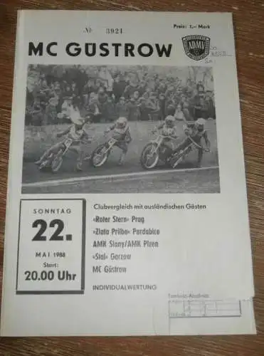 Speedway Güstrow 22.05.1988 , Prag , Zlata Prilba Pardubice , Slany , Gorzow , Plzen , Programm , Rennprogramm !!!