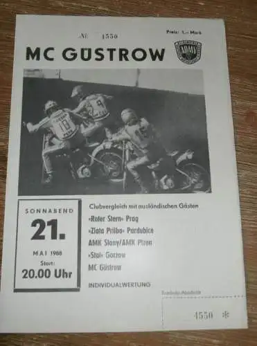 Speedway Güstrow 21.05.1988 , Prag , Zlata Prilba Pardubice , Slany , Gorzow , Plzen , Programm , Rennprogramm !!!