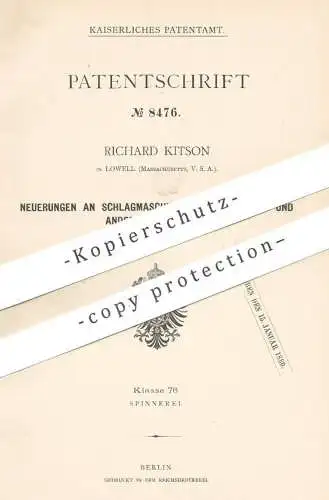 original Patent - Richard Kitson , Lowell , Massachusetts , USA , 1879 , Schlagmaschine für Baumwolle , Faser , Garn !!