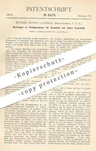 original Patent - Richard Kitson , Lowell , Massachusetts , USA , 1879 , Schlagmaschine für Baumwolle , Faser , Garn !!