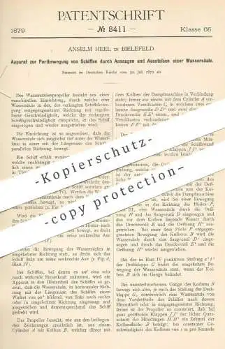 original Patent - Anselm Heel , Bielefeld , 1879 , Fortbewegung der Schiffe durch Ansaugen & Ausstoßen einer Wassersäule