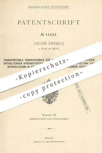 original Patent - Jacob Engels , Kalk / Deutz / Köln , 1880 , Sprengstoff mit Nitroglycerin | Zündstoff , Waffe !!