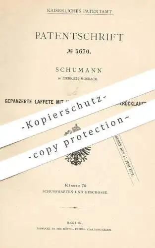 original Patent - Schumann , Biebrich Mosbach , 1878 , Gepanzerte Laffete mit Hemmung des Geschützrücklaufes | Waffen !