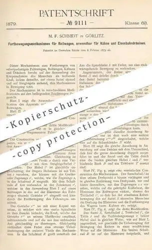 original Patent - M. F. Schmidt , Görlitz , 1879 , Fortbewegung von Reitwagen , Kutsche , Eisenbahndräsine , Dräsine !!