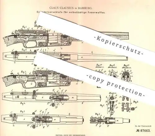 original Patent - Claus Clausius , Hamburg  1895 , Zylinderverschluss für Feuerwaffe | Gewehr | Revolver , Jagd , Pistol