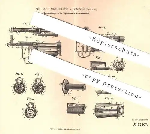 original Patent - Murray Haines Durst , London , England , 1892 , Trommelmagazin für Gewehr | Waffe , Revolver , Jagd !!