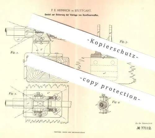 original Patent - F. E. Heinrich , Stuttgart , 1894 , Sicherung der Visierlage von Handfeuerwaffe | Gewehr , Revolver !!