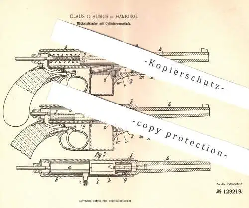 original Patent - Claus Clausius , Hamburg , Rückstoßlader mit Zylinderverschluss | Gewehr , Pistol , Revolver , Waffe