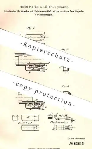 original Patent - Henri Pieper , Lüttich , Belgien , 1891 , Schoßhalter für Gewehr | Waffe , Pistole , Jagd , Revolver !