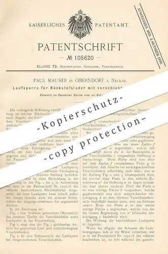 original Patent - Waffenfabrik Paul Mauser , Oberndorf , 1898 , Laufsperre für Rückstoßlader | Waffe , Pistole , Gewehr