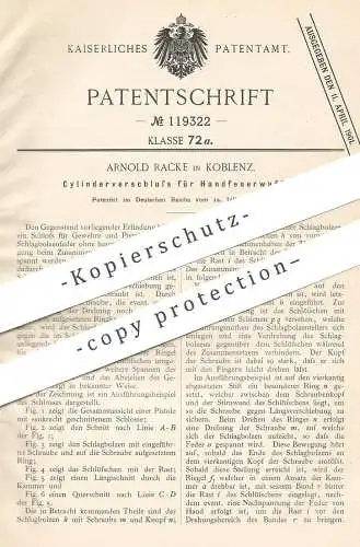 original Patent - Arnold Racke , Koblenz 1900 , Zylinderverschluss für Handfeuerwaffe | Revolver , Gewehr  Pistole Waffe