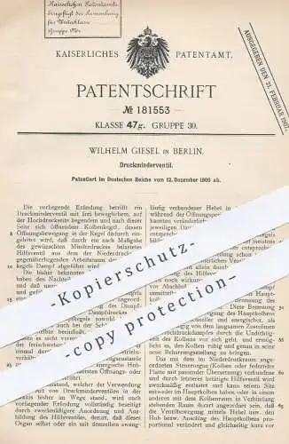 original Patent - Wilhelm Giesel , Berlin , 1905 , Druckminderventil | Druck - Ventil | Kolben , Dampfmaschine , Motor !