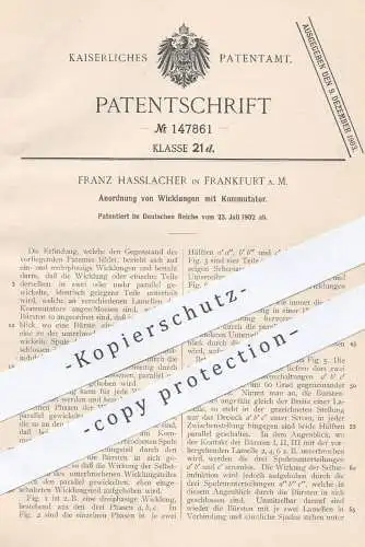 original Patent - Franz Hasslacher , Frankfurt / Main , 1902 , Anordnung von Wicklungen mit Kommutator | Spulen !!