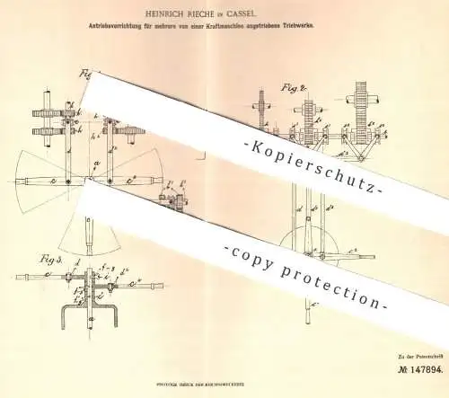 original Patent - Heinrich Rieche , Kassel , 1900, Antrieb für mehrere Triebwerke einer Kraftmaschine | Motor , Motoren