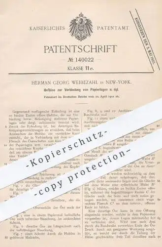 original Patent - Herman Georg Weibezahl , New York , 1902 , Heftöse zur Verbindung von Papieren | Papier Heften | Büro