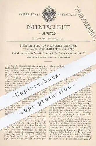 original Patent - Eisengiesserei & Maschinenfabrik Bautzen , vorm. Goetjes & Schulze , 1894 , Zerfasern von Zellstoff !!