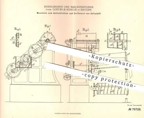 original Patent - Eisengiesserei & Maschinenfabrik Bautzen , vorm. Goetjes & Schulze , 1894 , Zerfasern von Zellstoff !!