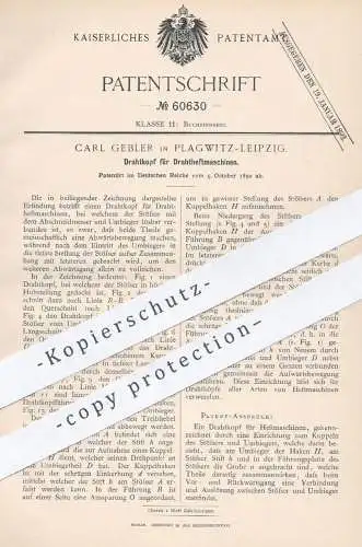 original Patent - Carl Gebler , Leipzig / Plagwitz , 1890 , Drahtkopf für Drahtheftmaschinen | Heftmaschine , Buchbinder